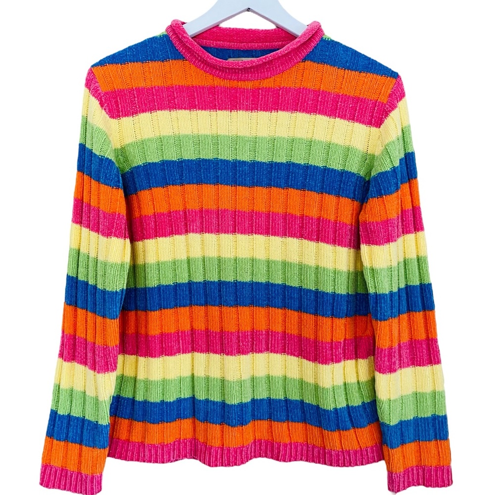Mountain Lake Super Soft Rainbow Colorful Stripe Long Sleeve Crochet Sweater Sm